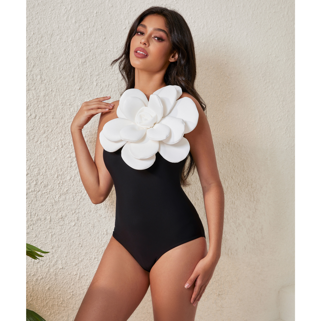 Traje de baño de una pieza con un hombro y falda de flor 3D