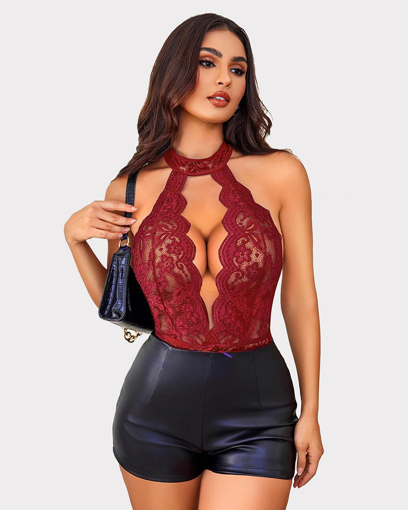 Body de encaje con cuello en V tipo halter