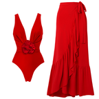 Bañador y falda de una pieza roja con flor 3D desmontable