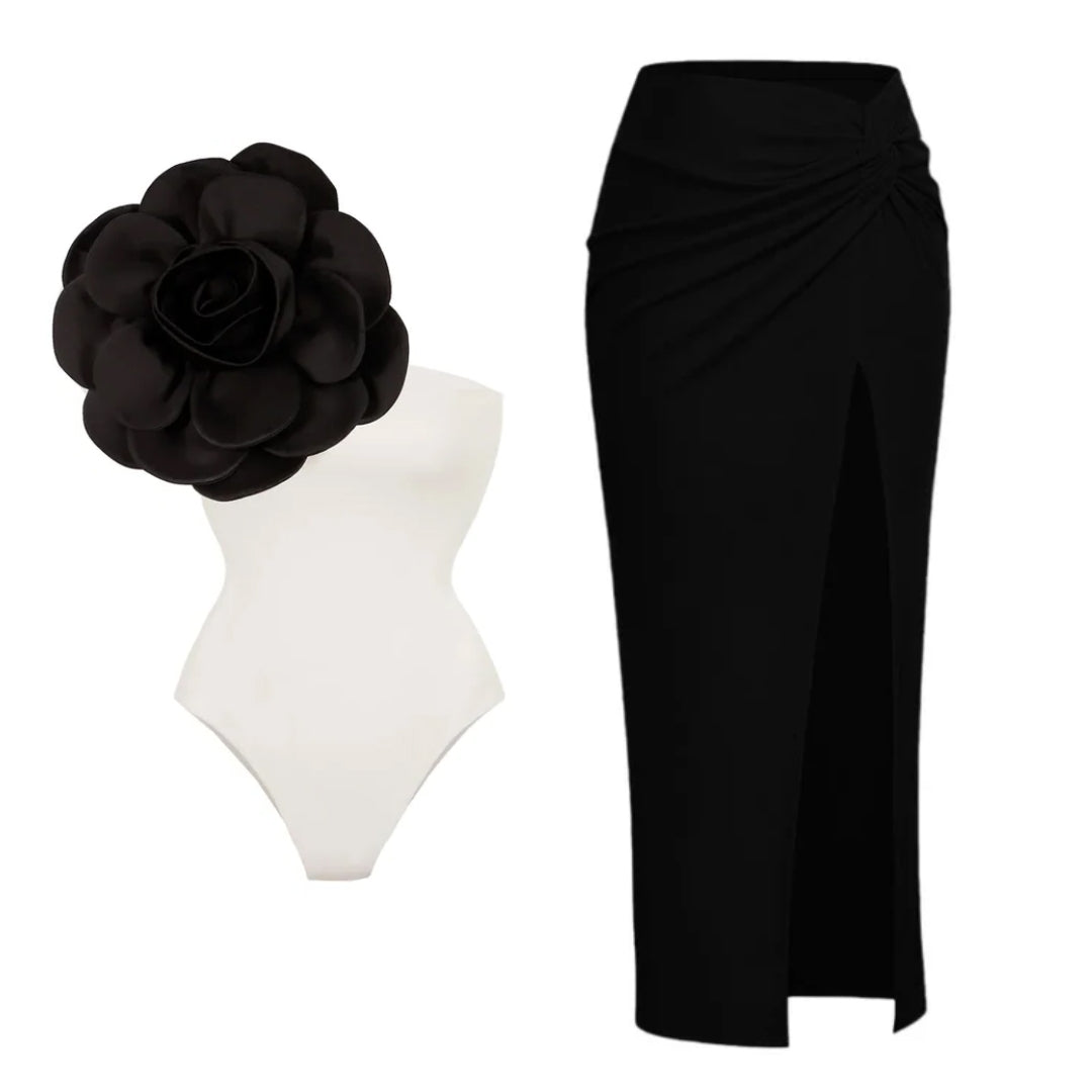 Traje de baño de una pieza con un hombro y falda de flor 3D