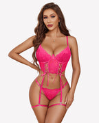 Conjunto de 4 piezas de liguero, sujetador y bragas de encaje floral