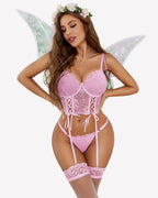 Conjunto de 4 piezas de liguero, sujetador y bragas de encaje floral