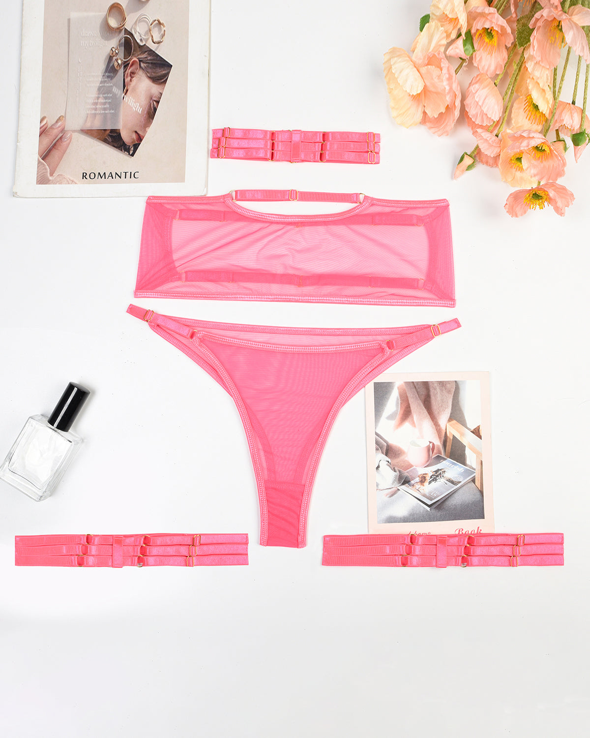 Conjunto de 4 piezas de sujetador y tanga de malla transparente