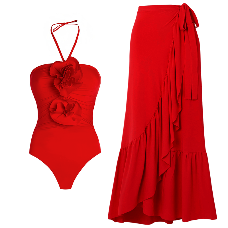 Bañador y falda de una pieza roja con flor 3D desmontable