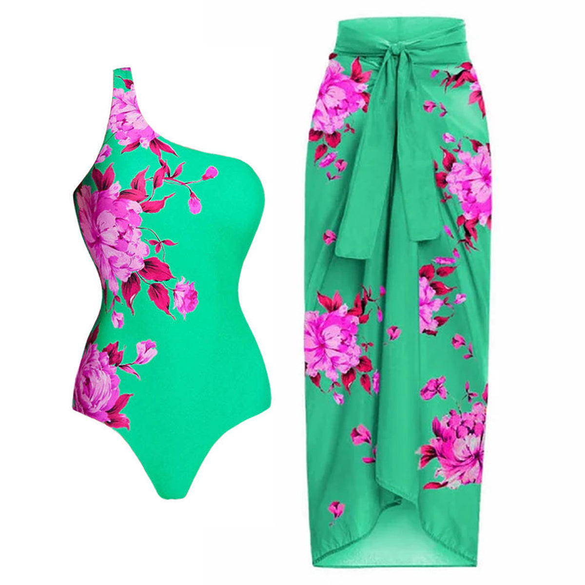 Un traje de baño de una sola manga con estampado floral y pareo