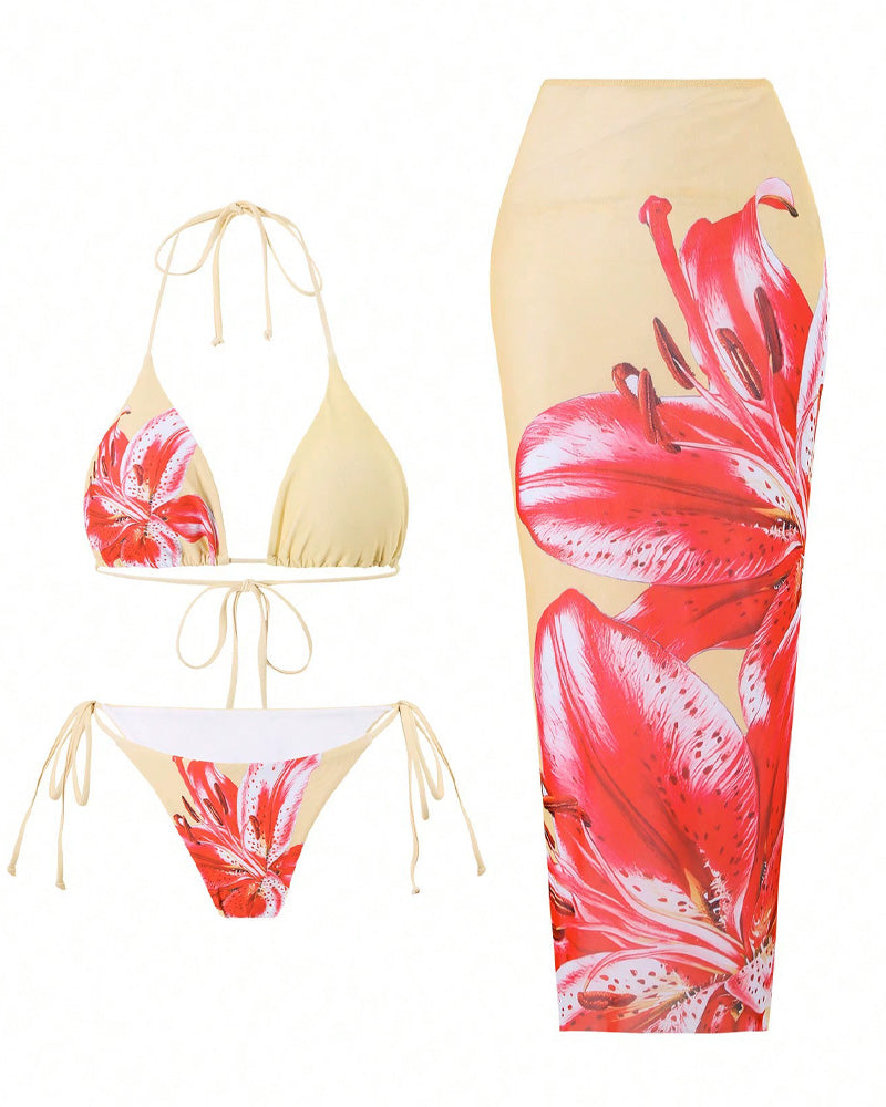 Conjuntos de bikini para mujer con estampado floral, traje de baño con halter y lazo en la espalda, con falda de cobertura