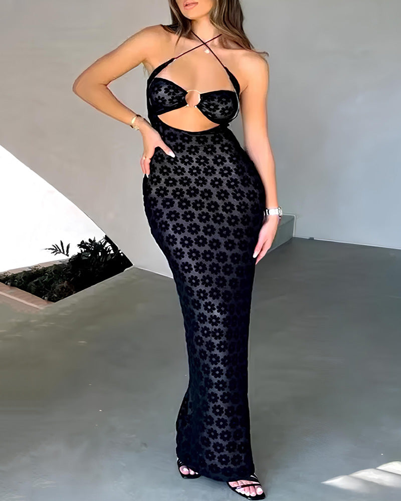 Vestido Largo Hueco de Flores Elegante y Sexy de Malla para Mujeres