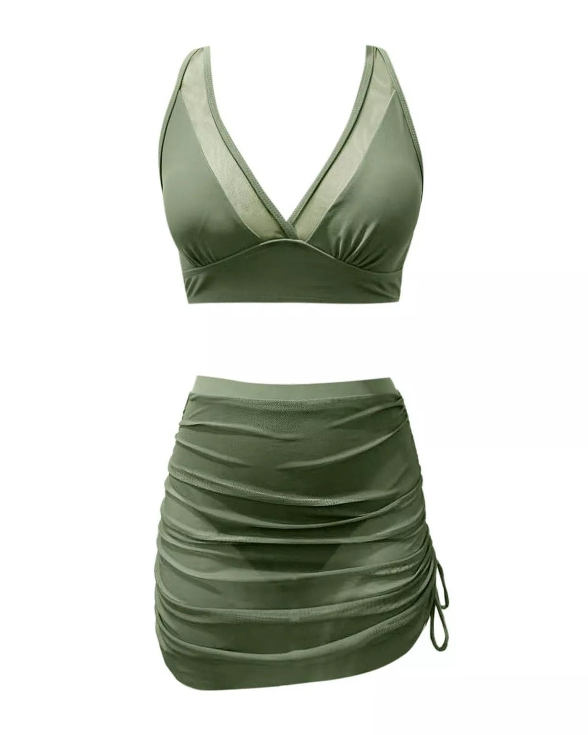 Bañador bikini con envoltura de sarong transparente de malla y control de abdomen en V profunda para mujer