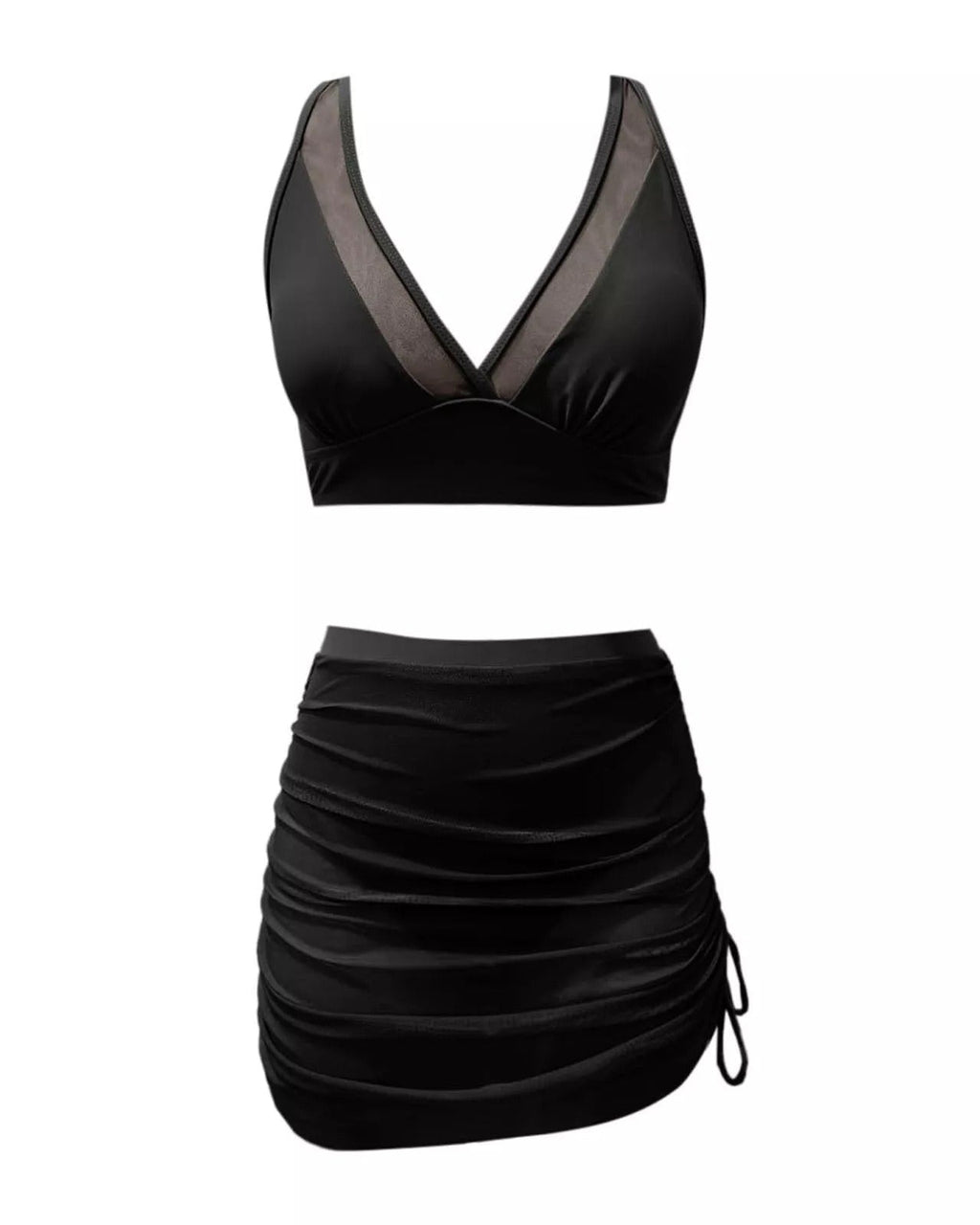 Bañador bikini con envoltura de sarong transparente de malla y control de abdomen en V profunda para mujer