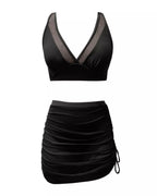 Bañador bikini con envoltura de sarong transparente de malla y control de abdomen en V profunda para mujer