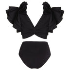 Bañador de bikini negro sólido con volantes