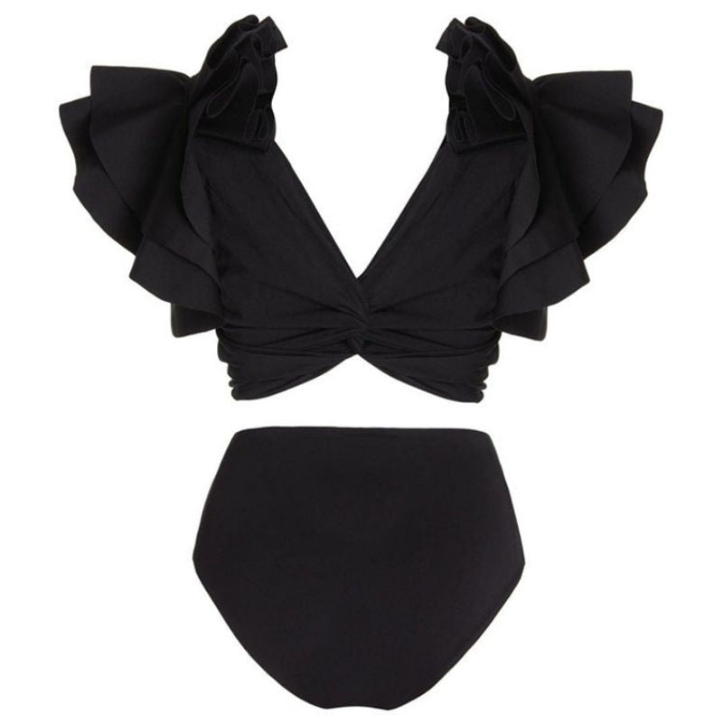 Bañador de bikini negro sólido con volantes