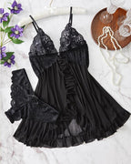 Conjunto de camisón y bragas de tirantes con volantes sexy de encaje para mujer