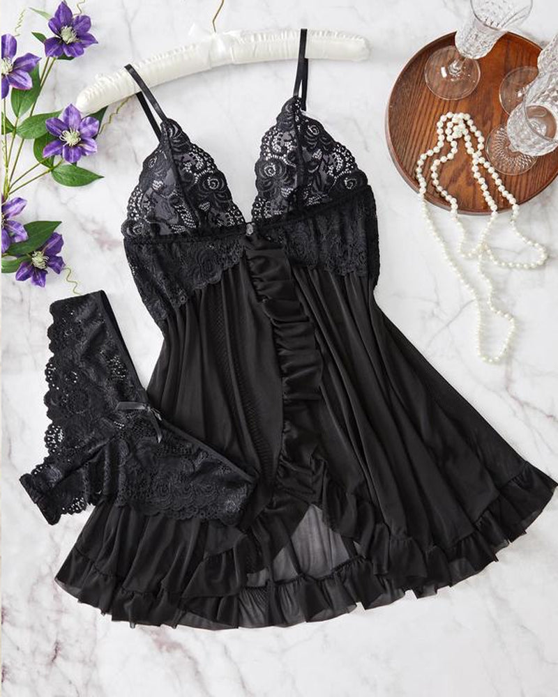 Conjunto de camisón y bragas de tirantes con volantes sexy de encaje para mujer