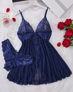 Conjunto de camisón y bragas de tirantes con volantes sexy de encaje para mujer