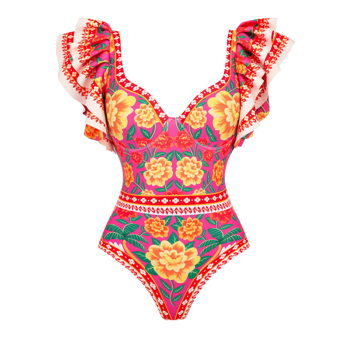 Bañador de una pieza con estampado de contraste y pareo con volantes
