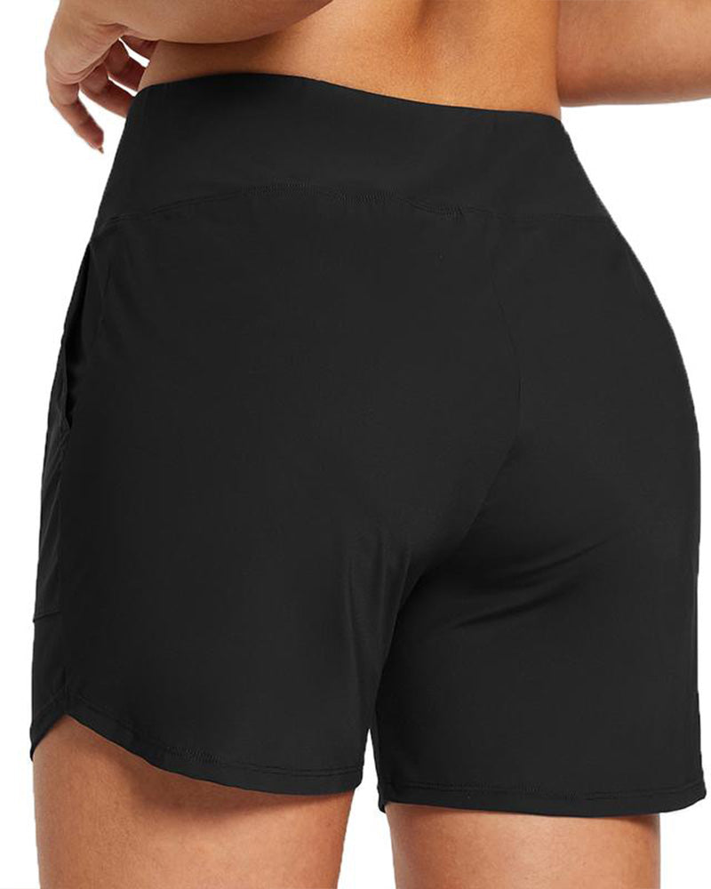 Shorts deportivos de playa para mujer con control de abdomen y cintura alta con bolsillo