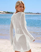 Vestido de cobertura de ganchillo de playa de manga larga con escote profundo