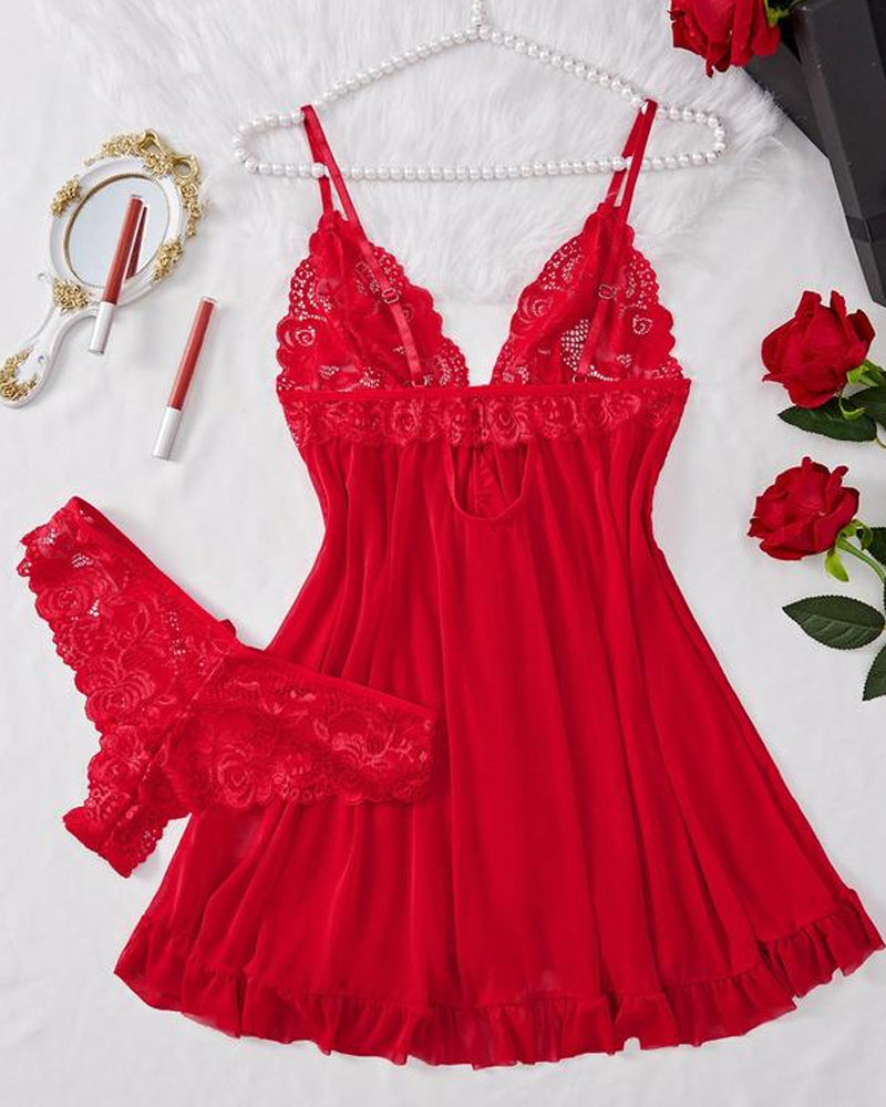 Conjunto de camisón y bragas de tirantes con volantes sexy de encaje para mujer