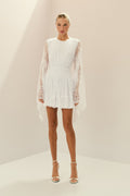 Vestido Corto de Encaje con Elástico en la Cintura y Mangas Amplias - Aira Off-White