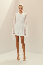 Vestido Corto de Encaje con Elástico en la Cintura y Mangas Amplias - Aira Off-White