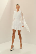 Vestido Corto de Encaje con Elástico en la Cintura y Mangas Amplias - Aira Off-White