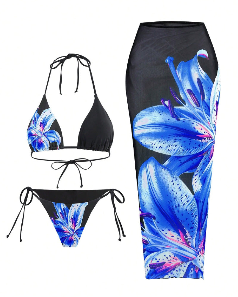Conjuntos de bikini para mujer con estampado floral, traje de baño con halter y lazo en la espalda, con falda de cobertura
