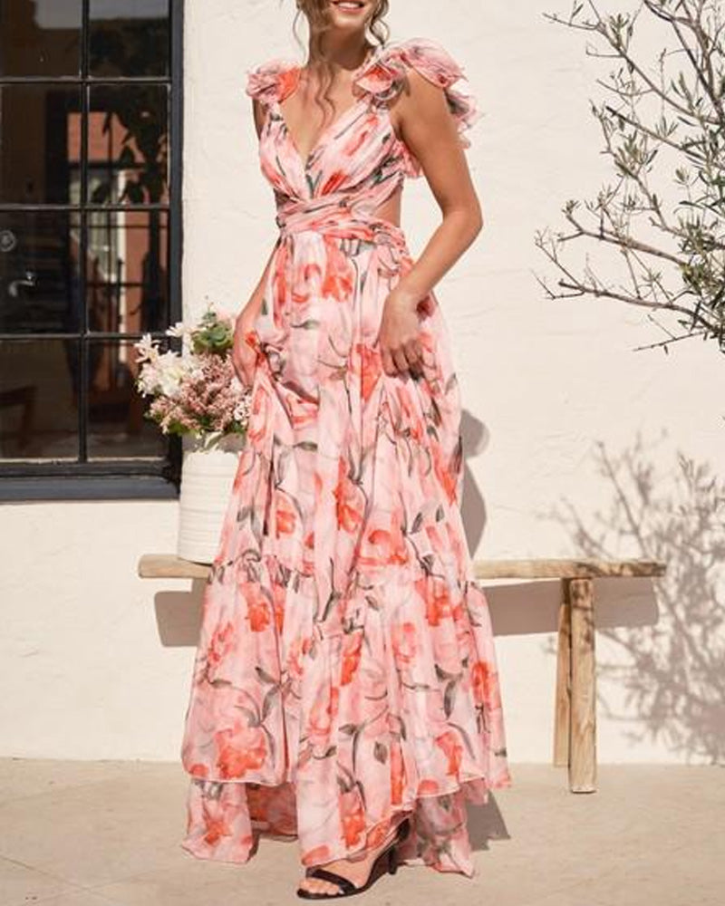 Vestido de playa de vacaciones con tirantes de volantes en la espalda y escote en V